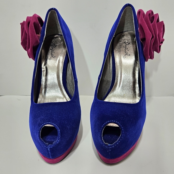 Qupid Blue/Dark Pink Velvet Peeptoe Platform Stilettos Sz 8.5 - Picture 3 of 8